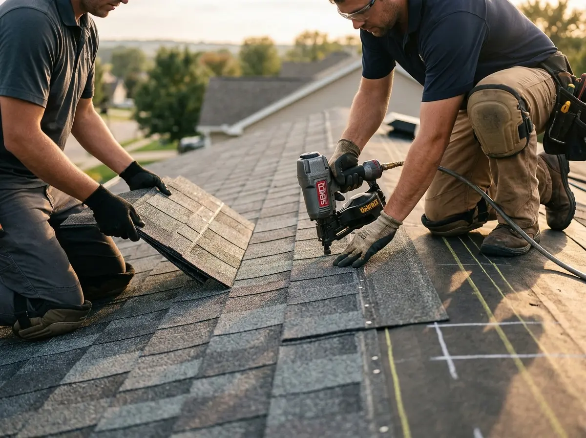 Professional roofer working on a residential roof in Suncrest